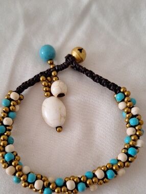 Handwoven Turquoise & White Bead Bracelet with Gold Accents